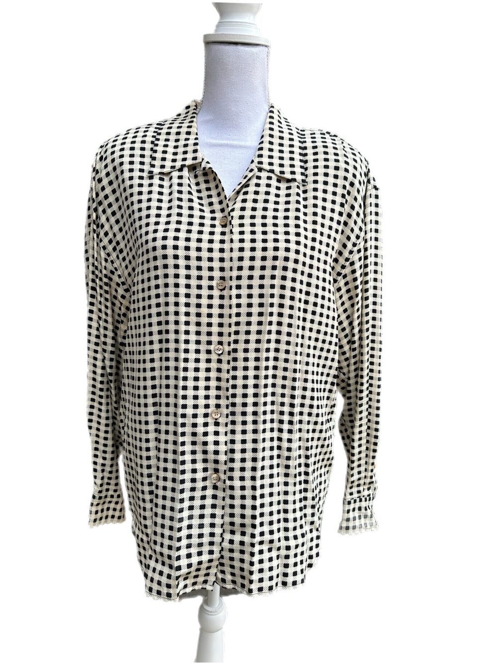 Vintage Austin Reed Black & Cream Check 100% Silk Button-Up Shirt